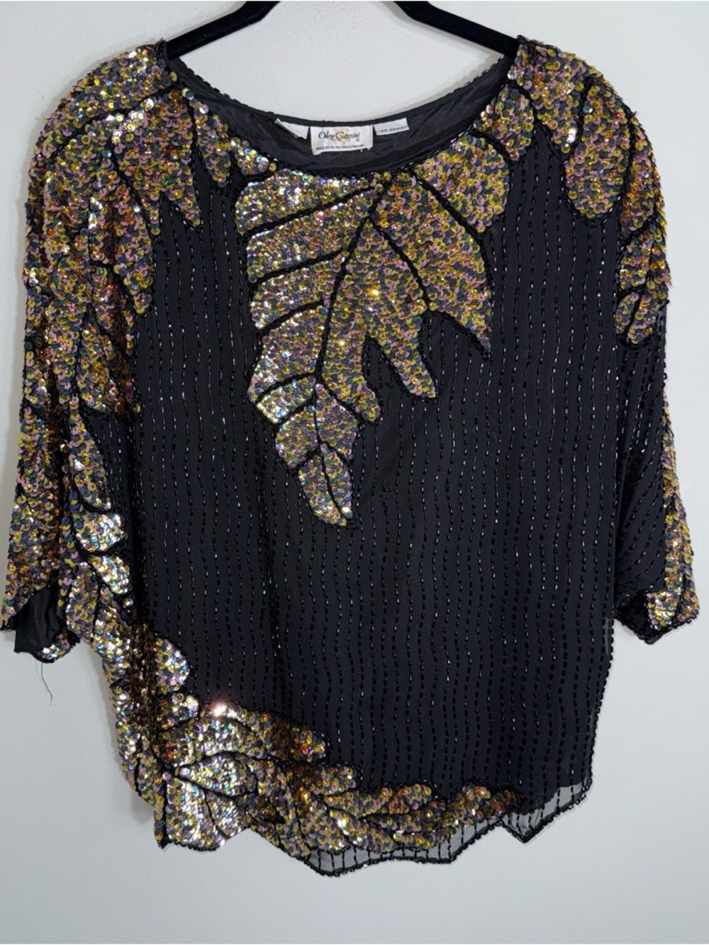 Oleg Cassini Vintage Beaded Sequined Silk Top Blouse-Black Gold-Size Large